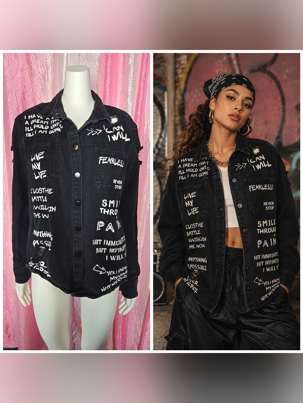 Victorious Black Inspiration Quotes Distressed Denim Jacket Size Medium Unisex